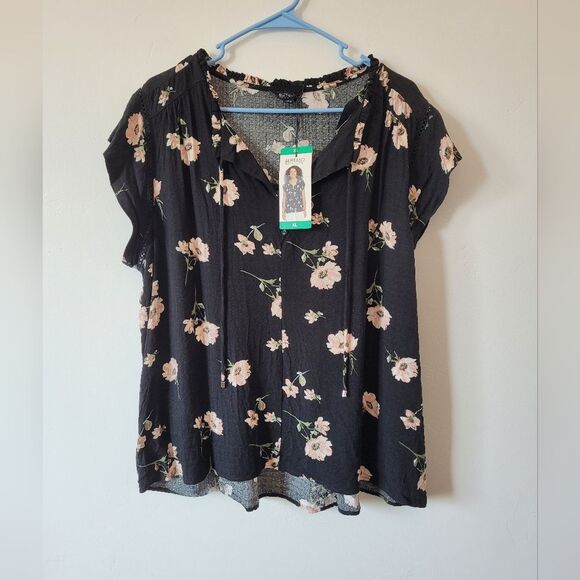 NEW Buffalo David Bitton Floral Jacquard Blouse Cottage Summer Black Pink XL - Picture 2 of 9